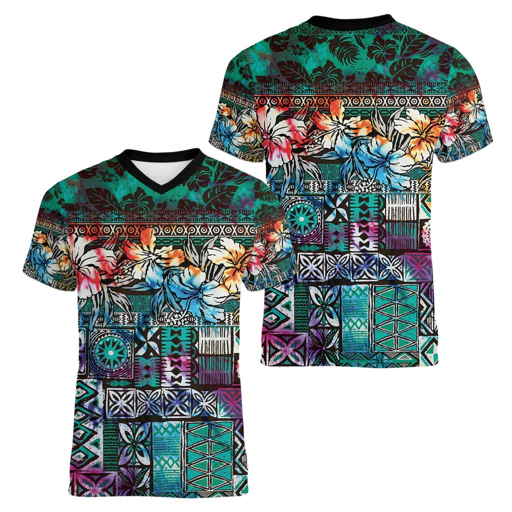Pacific Hibiscus Tapa Tribal Vintage Women V-Neck T-Shirt Turquoise Motif LT9 - Polynesian Pride