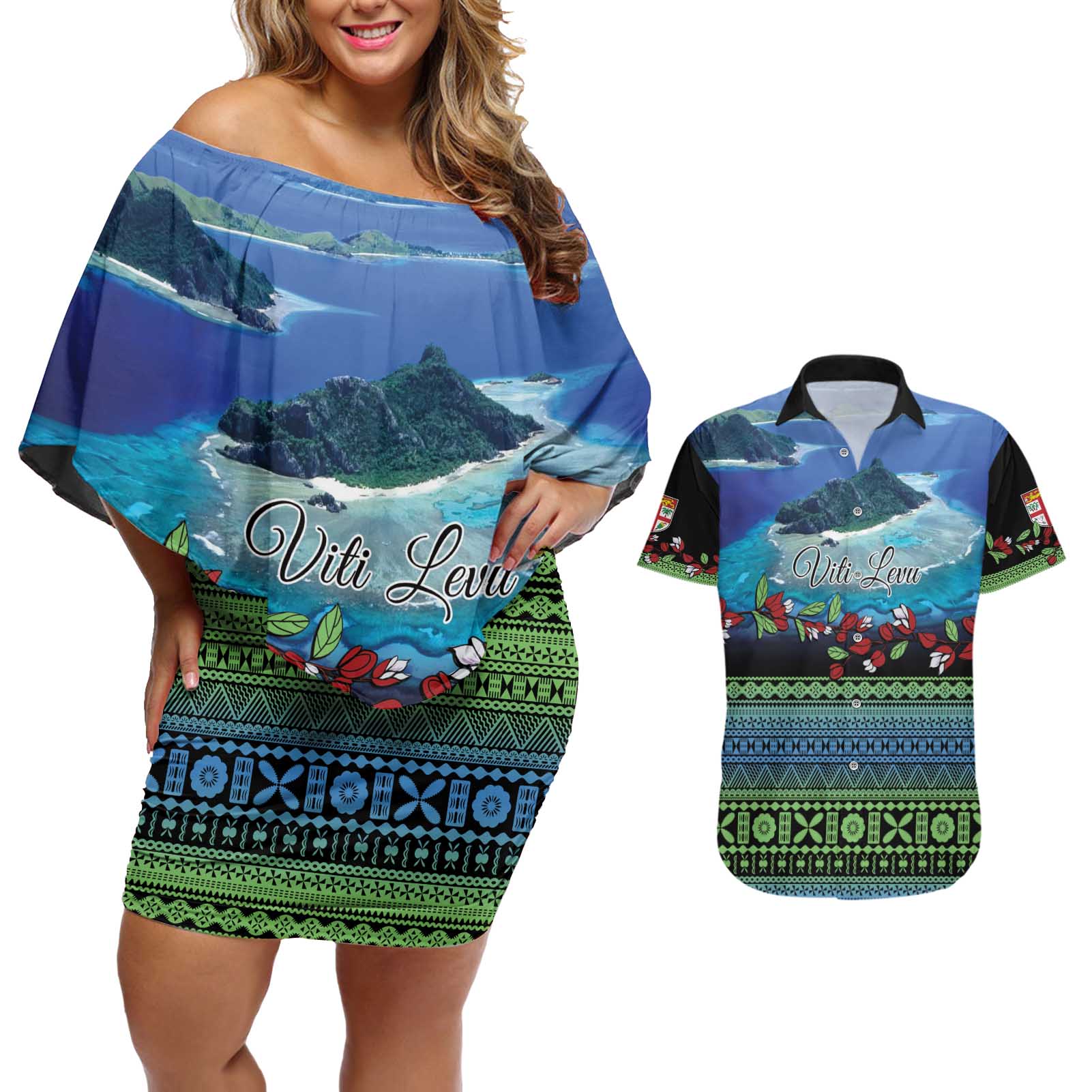 Personalised Fiji Viti Levu Couples Matching Off Shoulder Short Dress and Hawaiian Shirt Tagimoucia and Tapa Tribal Pattern