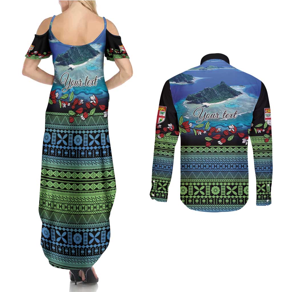 Personalised Fiji Viti Levu Couples Matching Summer Maxi Dress and Long Sleeve Button Shirt Tagimoucia and Tapa Tribal Pattern