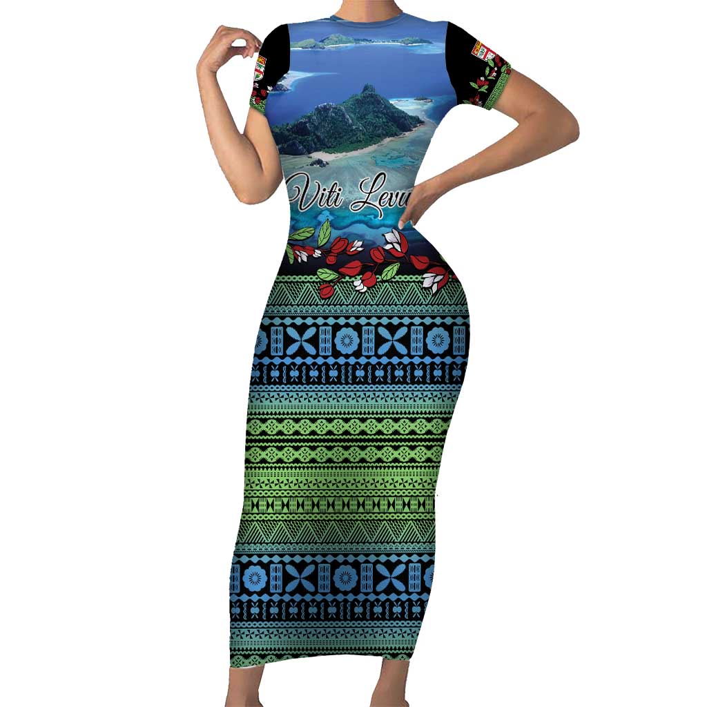 Personalised Fiji Viti Levu Short Sleeve Bodycon Dress Tagimoucia and Tapa Tribal Pattern