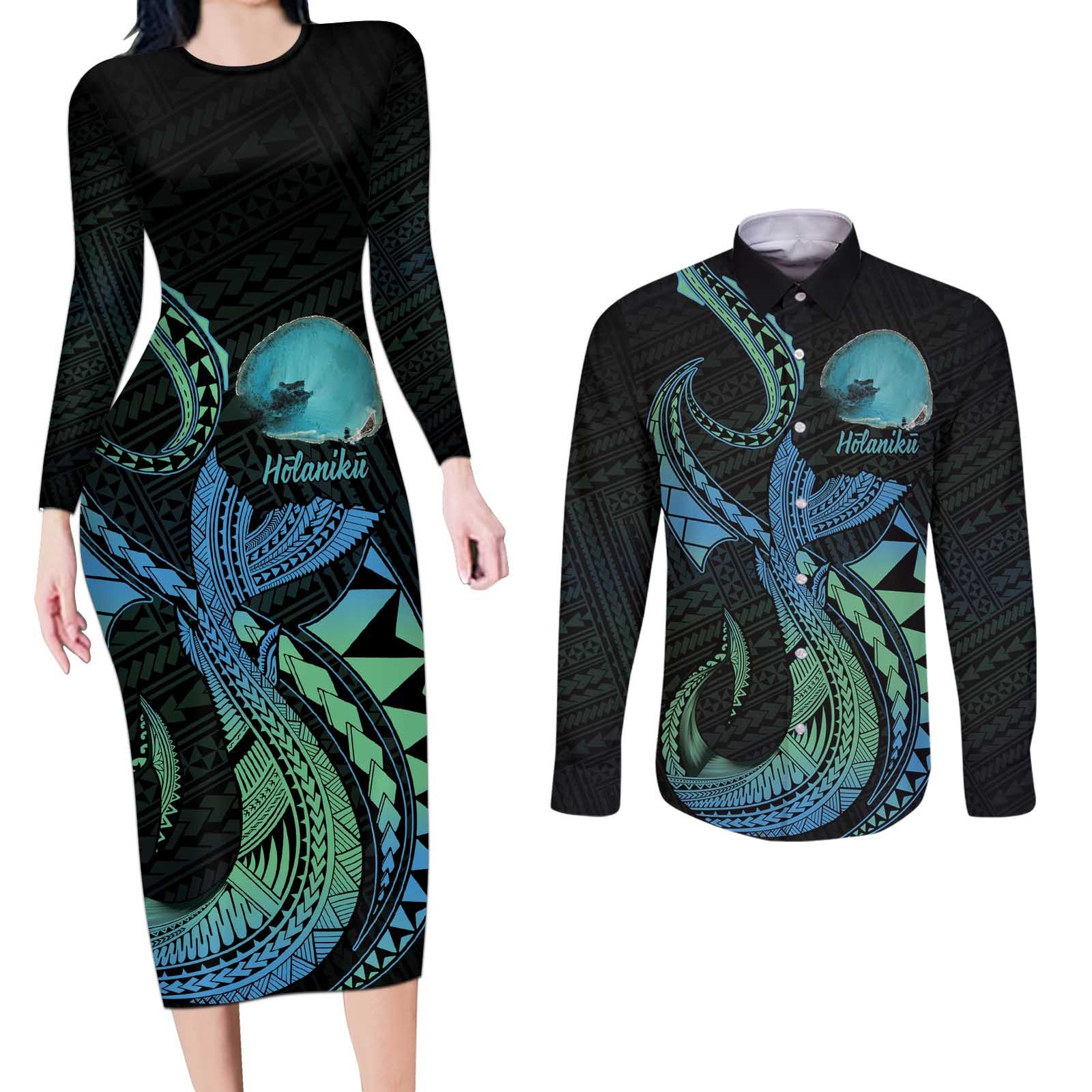 Personalised Hawaii Kure Atoll Couples Matching Long Sleeve Bodycon Dress and Long Sleeve Button Shirt Holaniku Coral Reef with Polynesian Tribal