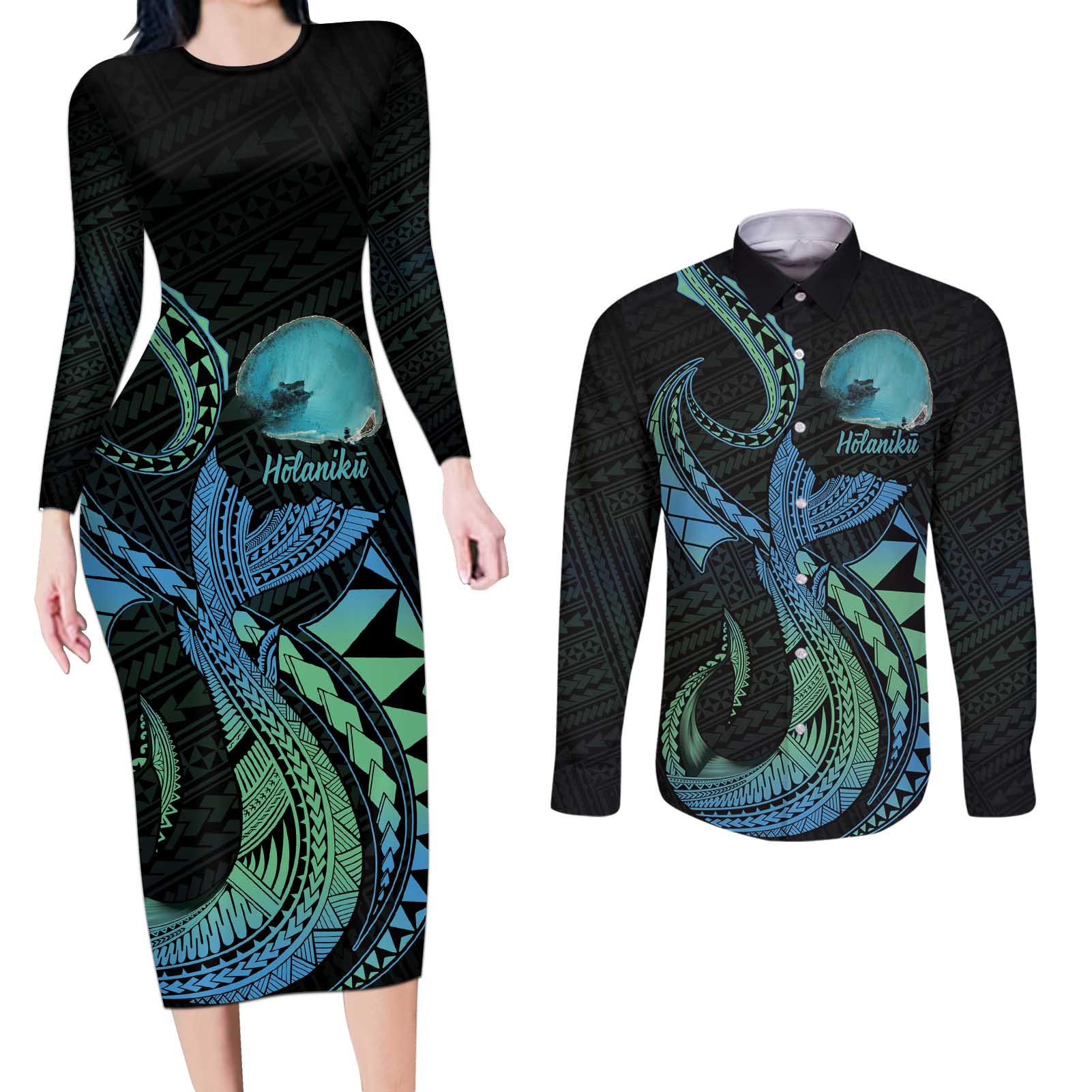 Personalised Hawaii Kure Atoll Couples Matching Long Sleeve Bodycon Dress and Long Sleeve Button Shirt Holaniku Coral Reef with Polynesian Tribal