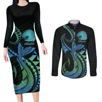 Personalised Hawaii Kure Atoll Couples Matching Long Sleeve Bodycon Dress and Long Sleeve Button Shirt Holaniku Coral Reef with Polynesian Tribal