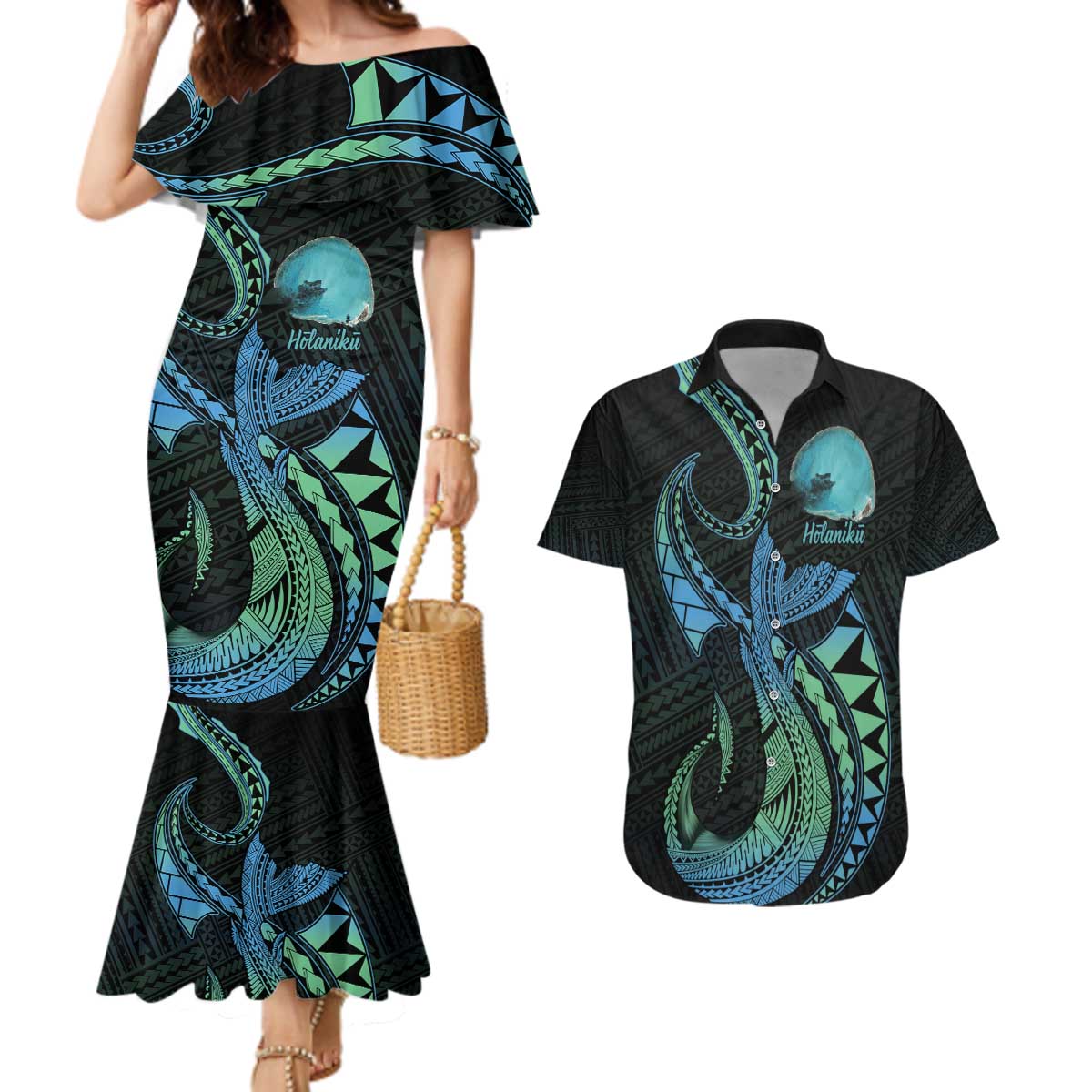 Personalised Hawaii Kure Atoll Couples Matching Mermaid Dress and Hawaiian Shirt Holaniku Coral Reef with Polynesian Tribal