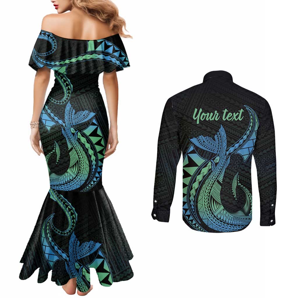 Personalised Hawaii Kure Atoll Couples Matching Mermaid Dress and Long Sleeve Button Shirt Holaniku Coral Reef with Polynesian Tribal