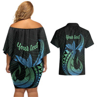 Personalised Hawaii Kure Atoll Couples Matching Off Shoulder Short Dress and Hawaiian Shirt Holaniku Coral Reef with Polynesian Tribal