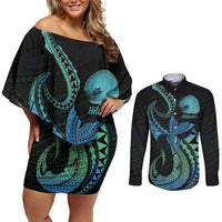 Personalised Hawaii Kure Atoll Couples Matching Off Shoulder Short Dress and Long Sleeve Button Shirt Holaniku Coral Reef with Polynesian Tribal