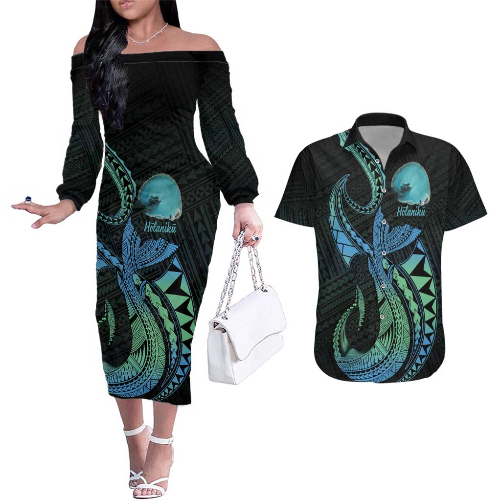 Personalised Hawaii Kure Atoll Couples Matching Off The Shoulder Long Sleeve Dress and Hawaiian Shirt Holaniku Coral Reef with Polynesian Tribal