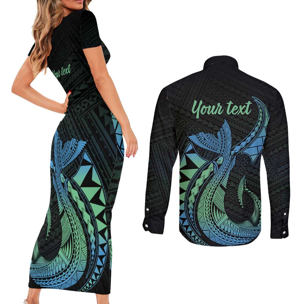 Personalised Hawaii Kure Atoll Couples Matching Short Sleeve Bodycon Dress and Long Sleeve Button Shirt Holaniku Coral Reef with Polynesian Tribal