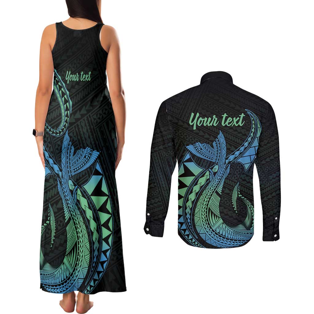 Personalised Hawaii Kure Atoll Couples Matching Tank Maxi Dress and Long Sleeve Button Shirt Holaniku Coral Reef with Polynesian Tribal