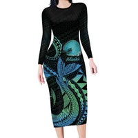 Personalised Hawaii Kure Atoll Family Matching Long Sleeve Bodycon Dress and Hawaiian Shirt Holaniku Coral Reef with Polynesian Tribal