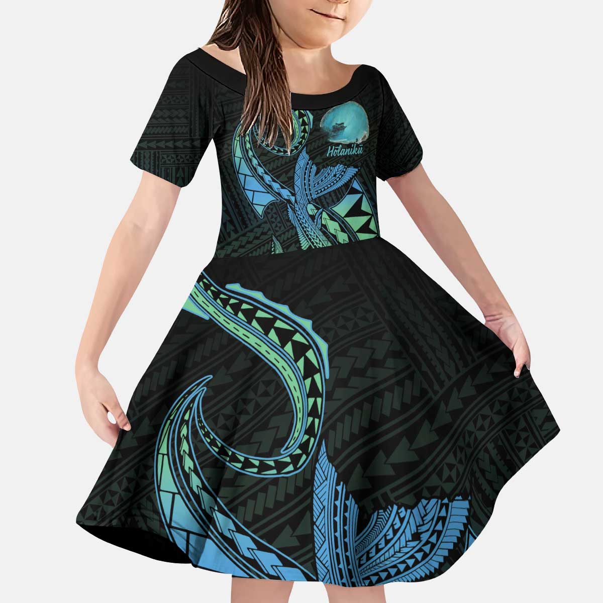 Personalised Hawaii Kure Atoll Kid Short Sleeve Dress Holaniku Coral Reef with Polynesian Tribal