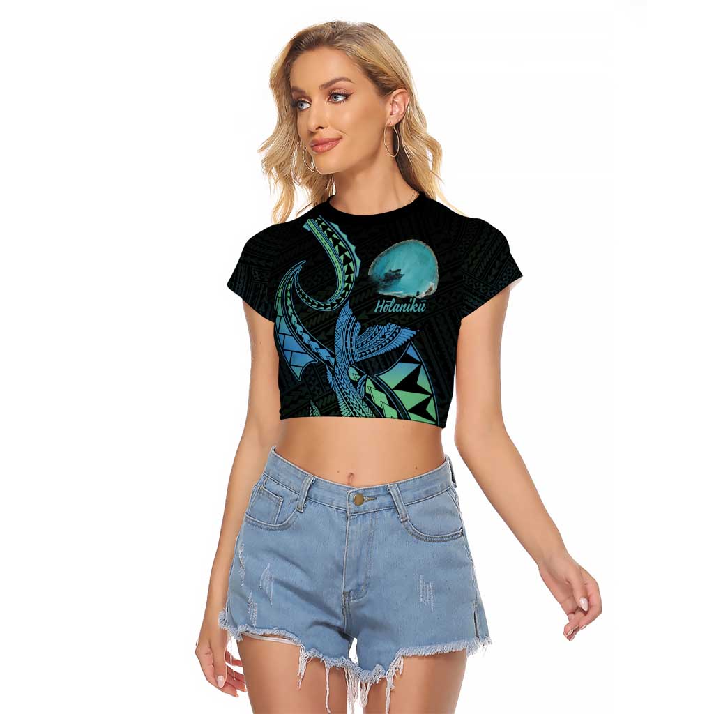 Personalised Hawaii Kure Atoll Raglan Cropped T Shirt Holaniku Coral Reef with Polynesian Tribal LT9 Female Blue - Polynesian Pride