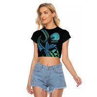 Personalised Hawaii Kure Atoll Raglan Cropped T Shirt Holaniku Coral Reef with Polynesian Tribal LT9 Female Blue - Polynesian Pride