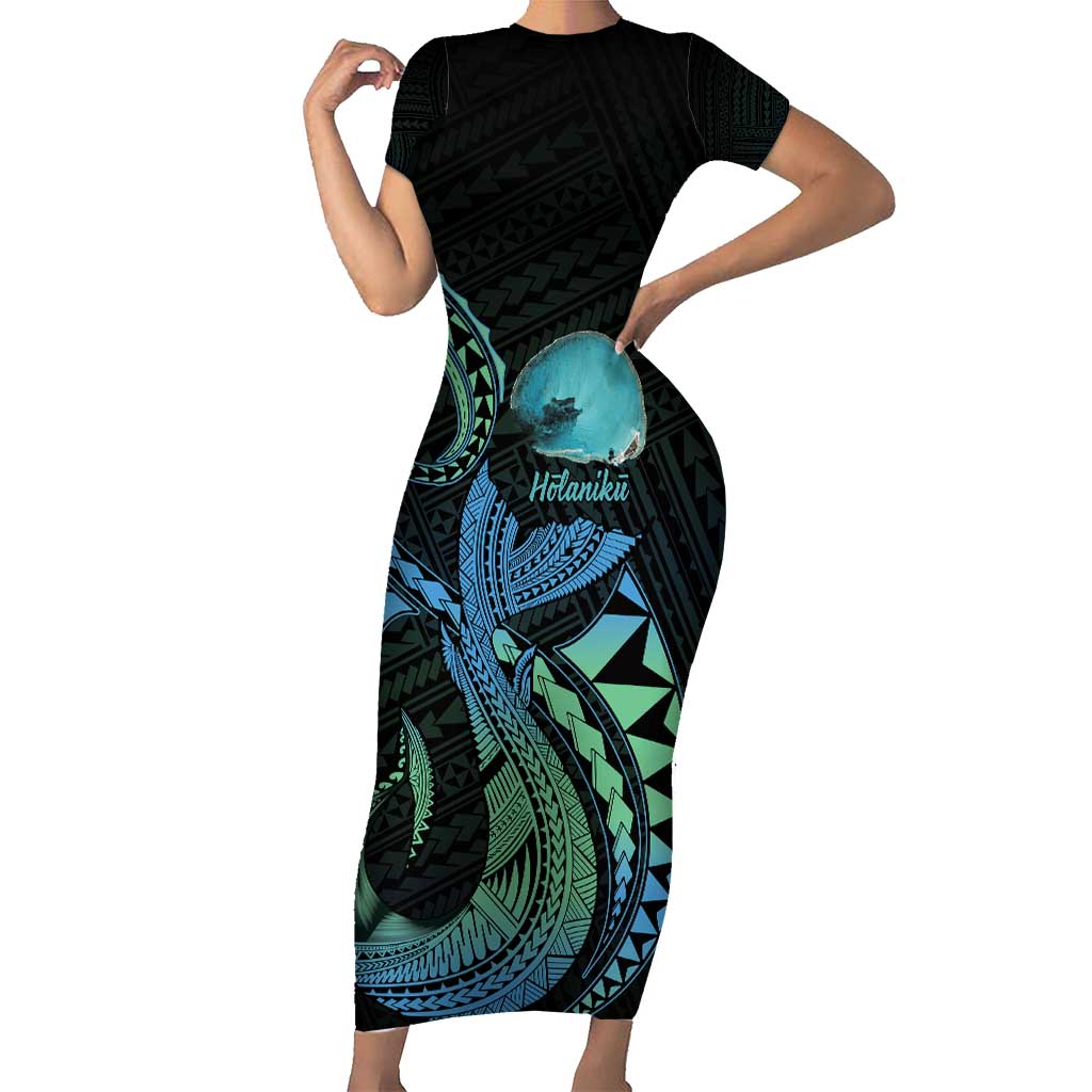 Personalised Hawaii Kure Atoll Short Sleeve Bodycon Dress Holaniku Coral Reef with Polynesian Tribal