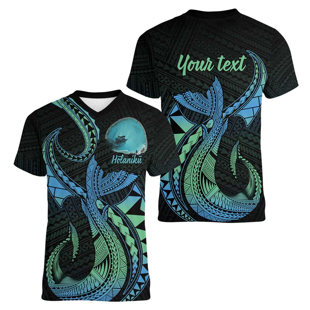 Personalised Hawaii Kure Atoll Women V-Neck T-Shirt Holaniku Coral Reef with Polynesian Tribal