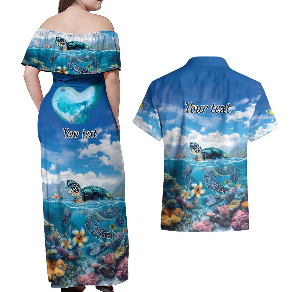 Personalised Palau Kayangel Atoll Couples Matching Off Shoulder Maxi Dress and Hawaiian Shirt Turtle With Coral Reef Under Water LT9 - Polynesian Pride