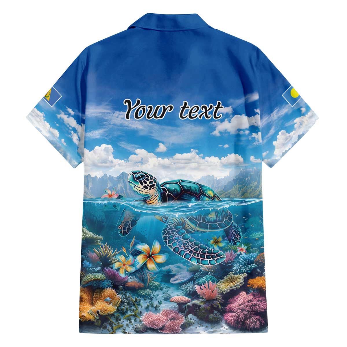 Personalised Palau Kayangel Atoll Family Matching Off The Shoulder Long Sleeve Dress and Hawaiian Shirt Turtle With Coral Reef Under Water