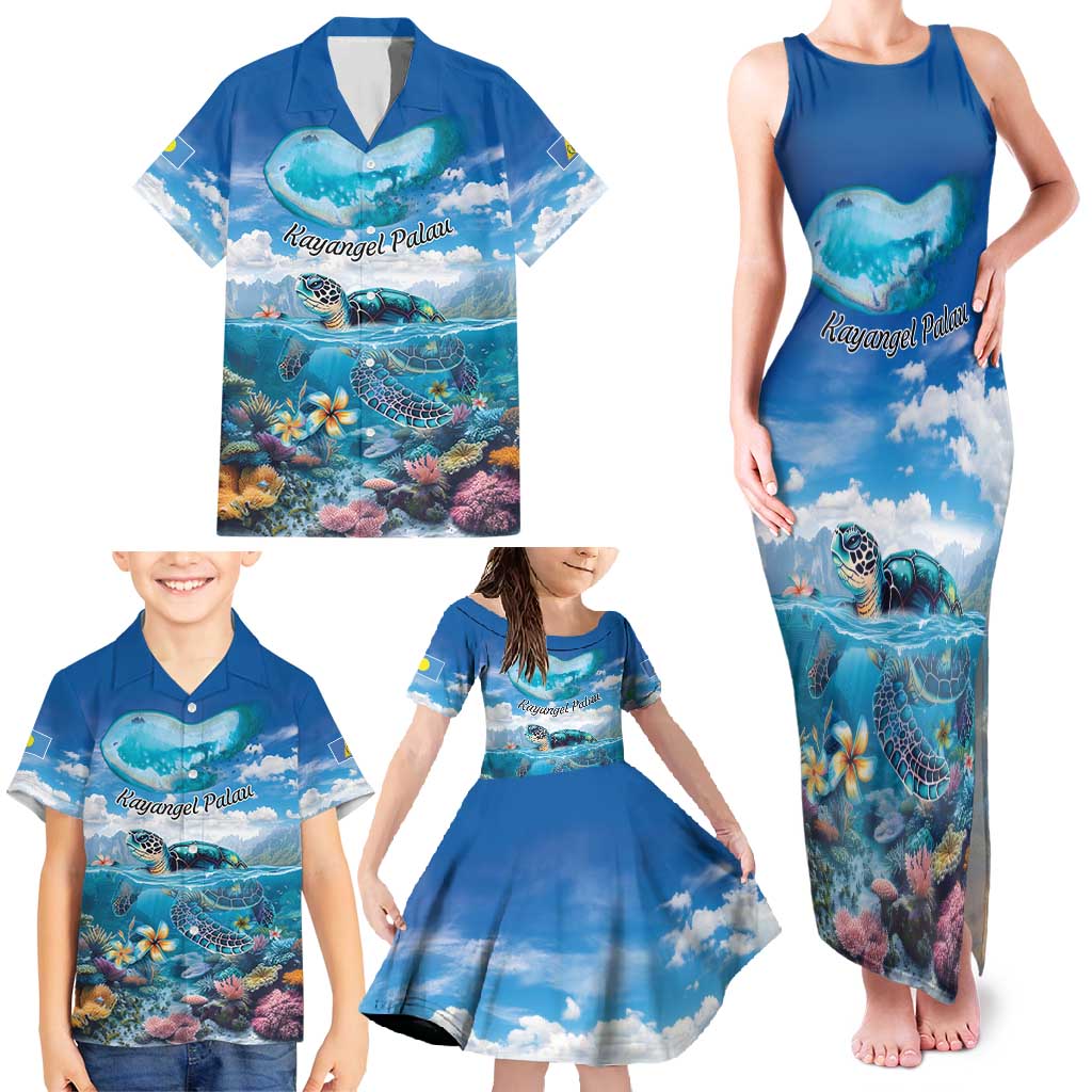 Personalised Palau Kayangel Atoll Family Matching Tank Maxi Dress and Hawaiian Shirt Turtle With Coral Reef Under Water