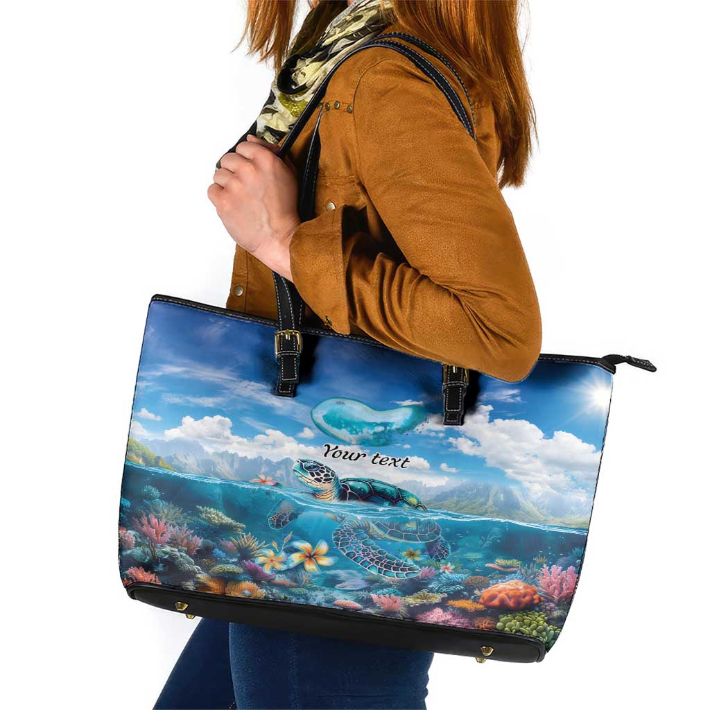 Personalised Palau Kayangel Atoll Leather Tote Bag Turtle With Coral Reef Under Water