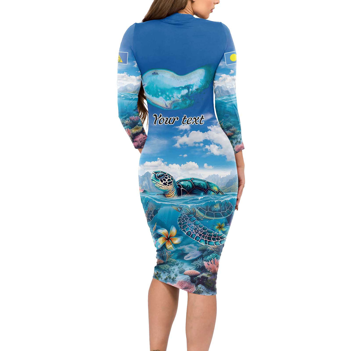 Personalised Palau Kayangel Atoll Long Sleeve Bodycon Dress Turtle With Coral Reef Under Water