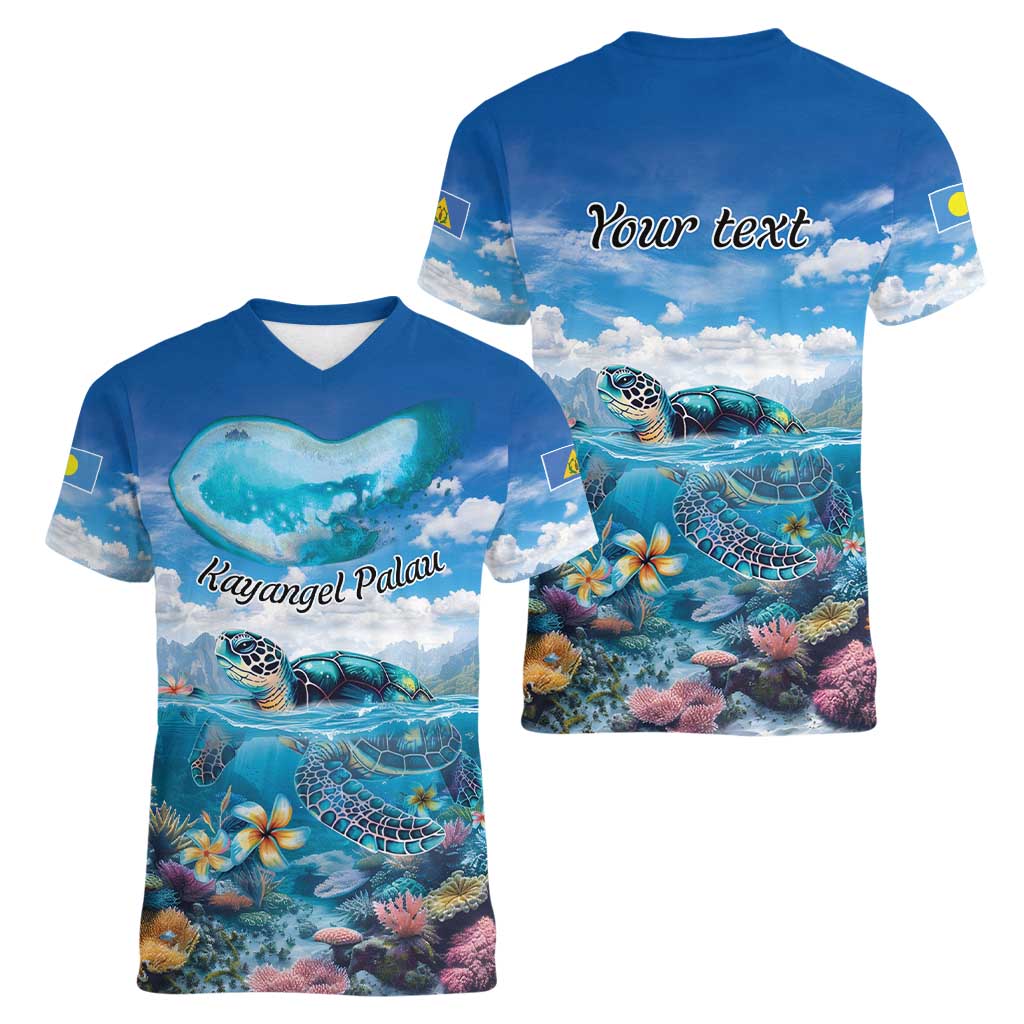Personalised Palau Kayangel Atoll Women V-Neck T-Shirt Turtle With Coral Reef Under Water