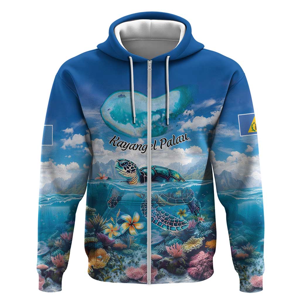 Personalised Palau Kayangel Atoll Zip Hoodie Turtle With Coral Reef Under Water