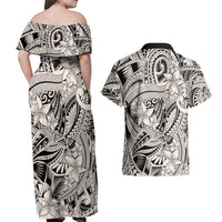 Polynesia Couples Matching Off Shoulder Maxi Dress and Hawaiian Shirt Tribal Polynesian Spirit With Beige Pacific Flowers LT9 - Polynesian Pride