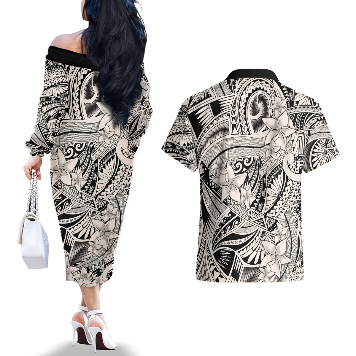 Polynesia Couples Matching Off The Shoulder Long Sleeve Dress and Hawaiian Shirt Tribal Polynesian Spirit With Beige Pacific Flowers LT9 - Polynesian Pride