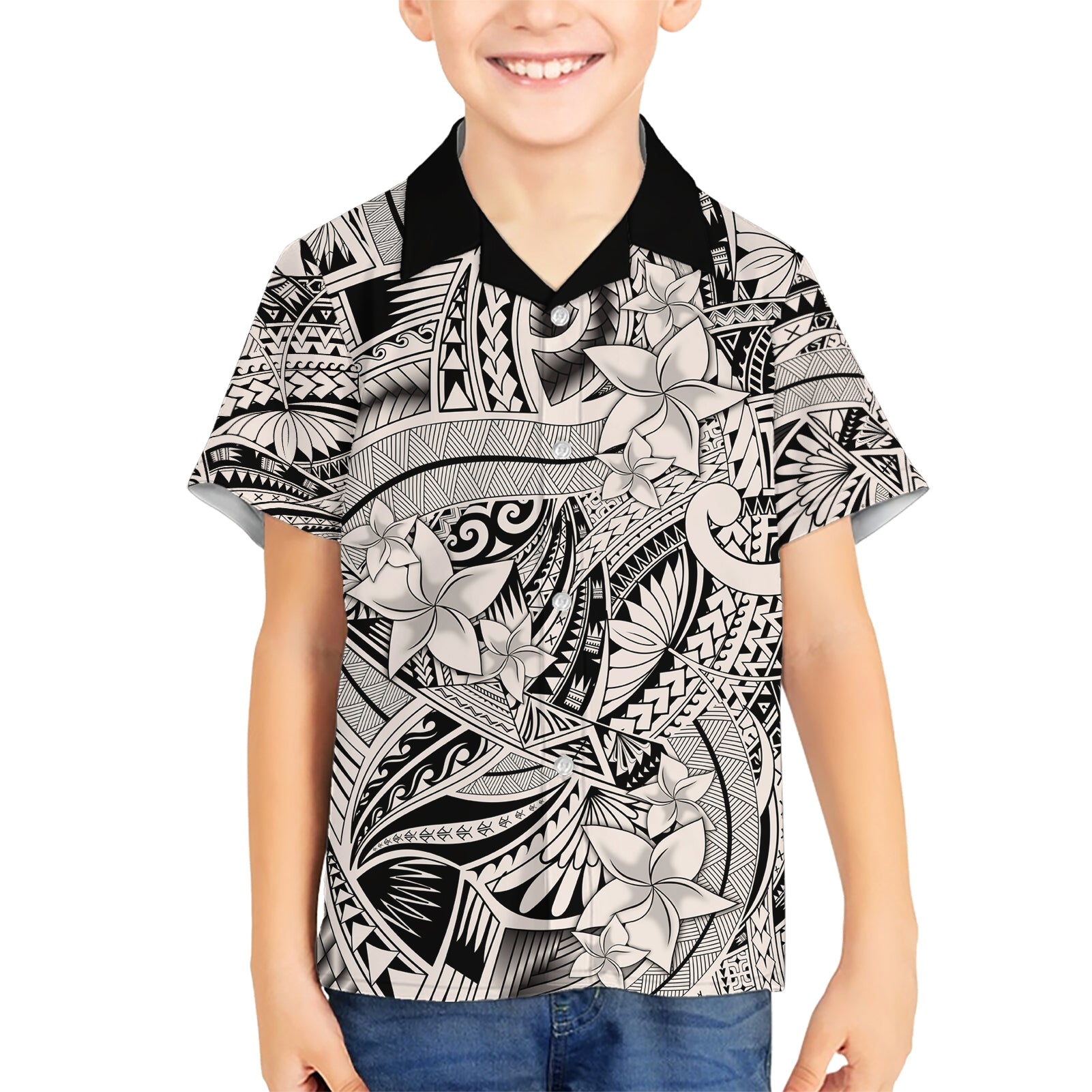 Polynesia Kid Hawaiian Shirt Tribal Polynesian Spirit With Beige Pacific Flowers LT9 Kid Beige - Polynesian Pride