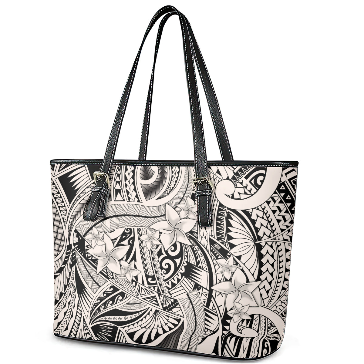 Polynesia Leather Tote Bag Tribal Polynesian Spirit With Beige Pacific Flowers LT9 - Polynesian Pride
