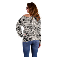 Polynesia Off Shoulder Sweater Tribal Polynesian Spirit With Beige Pacific Flowers LT9 - Polynesian Pride