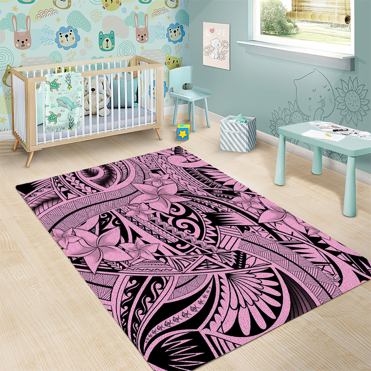 Polynesia Area Rug Tribal Polynesian Spirit With Pink Pacific Flowers LT9 - Polynesian Pride