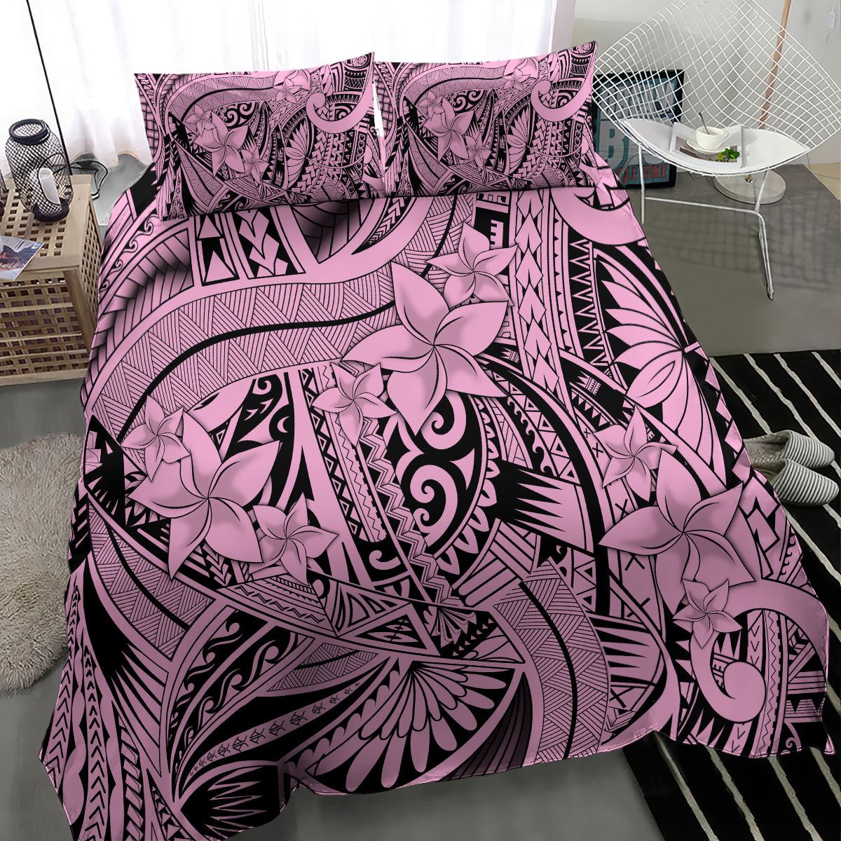 Polynesia Bedding Set Tribal Polynesian Spirit With Pink Pacific Flowers LT9 - Polynesian Pride