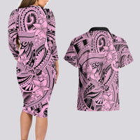 Polynesia Couples Matching Long Sleeve Bodycon Dress and Hawaiian Shirt Tribal Polynesian Spirit With Pink Pacific Flowers LT9 - Polynesian Pride