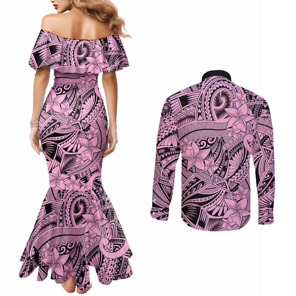 Polynesia Couples Matching Mermaid Dress and Long Sleeve Button Shirt Tribal Polynesian Spirit With Pink Pacific Flowers LT9 - Polynesian Pride