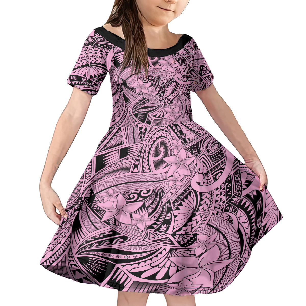 Polynesia Family Matching Puletasi Dress and Hawaiian Shirt Tribal Polynesian Spirit With Pink Pacific Flowers LT9 Daughter's Dress Pink - Polynesian Pride