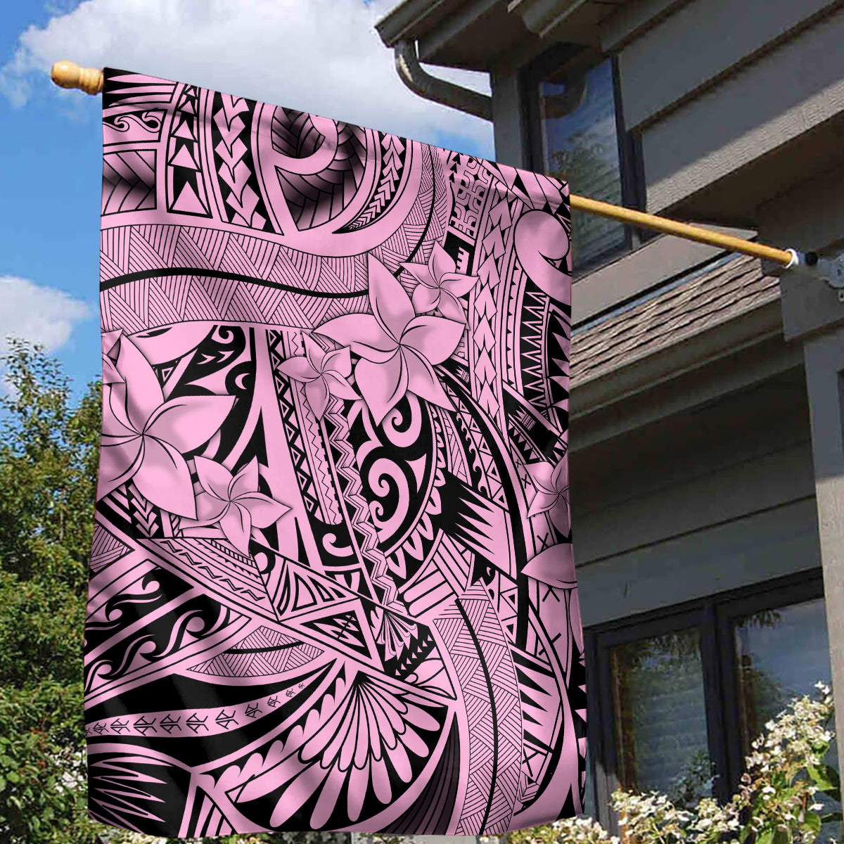 Polynesia Garden Flag Tribal Polynesian Spirit With Pink Pacific Flowers LT9 - Polynesian Pride