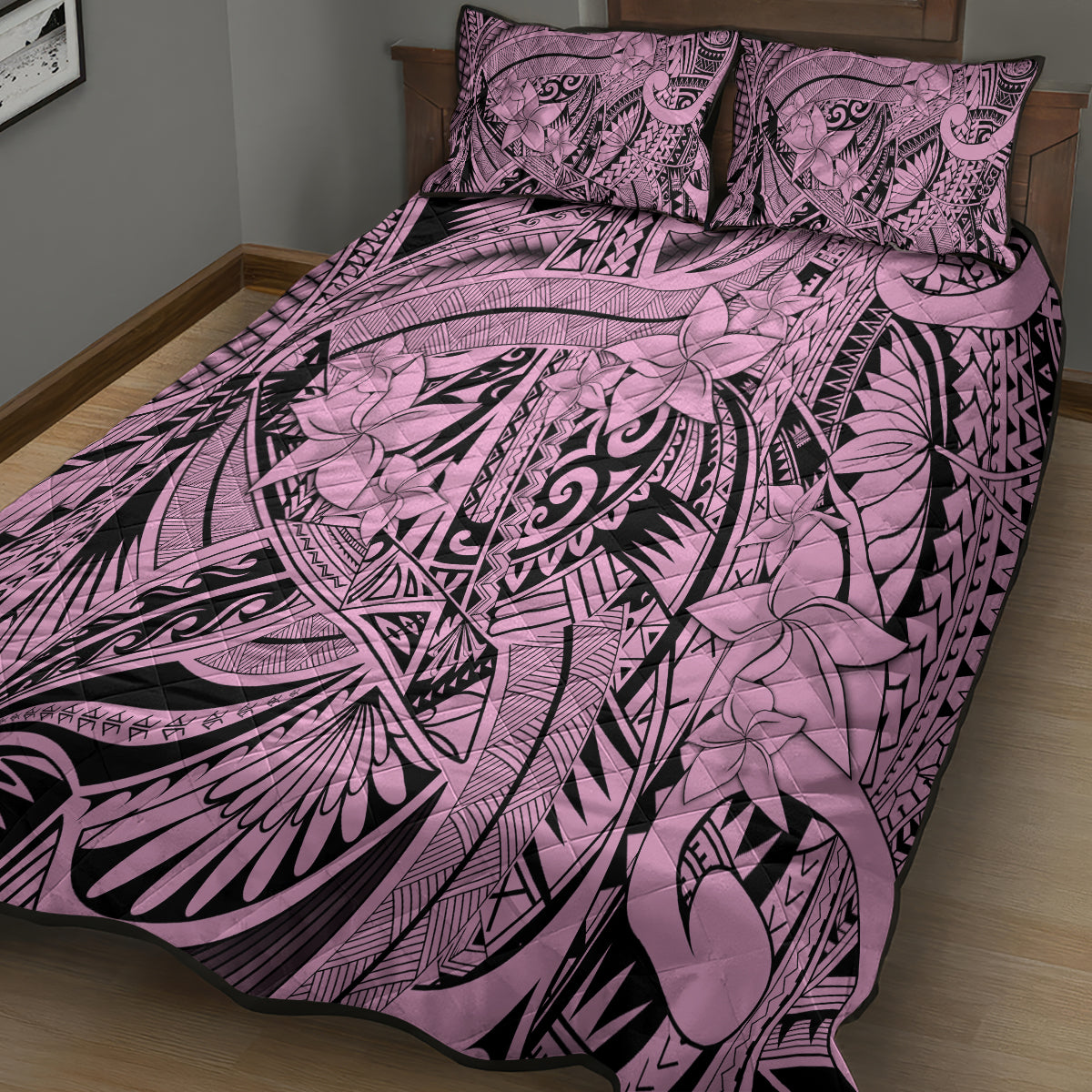 Polynesia Quilt Bed Set Tribal Polynesian Spirit With Pink Pacific Flowers LT9 - Polynesian Pride