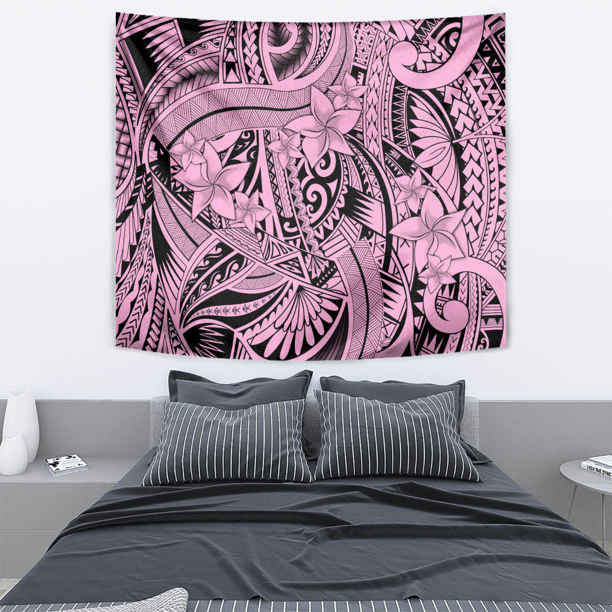 Polynesia Tapestry Tribal Polynesian Spirit With Pink Pacific Flowers LT9 - Polynesian Pride