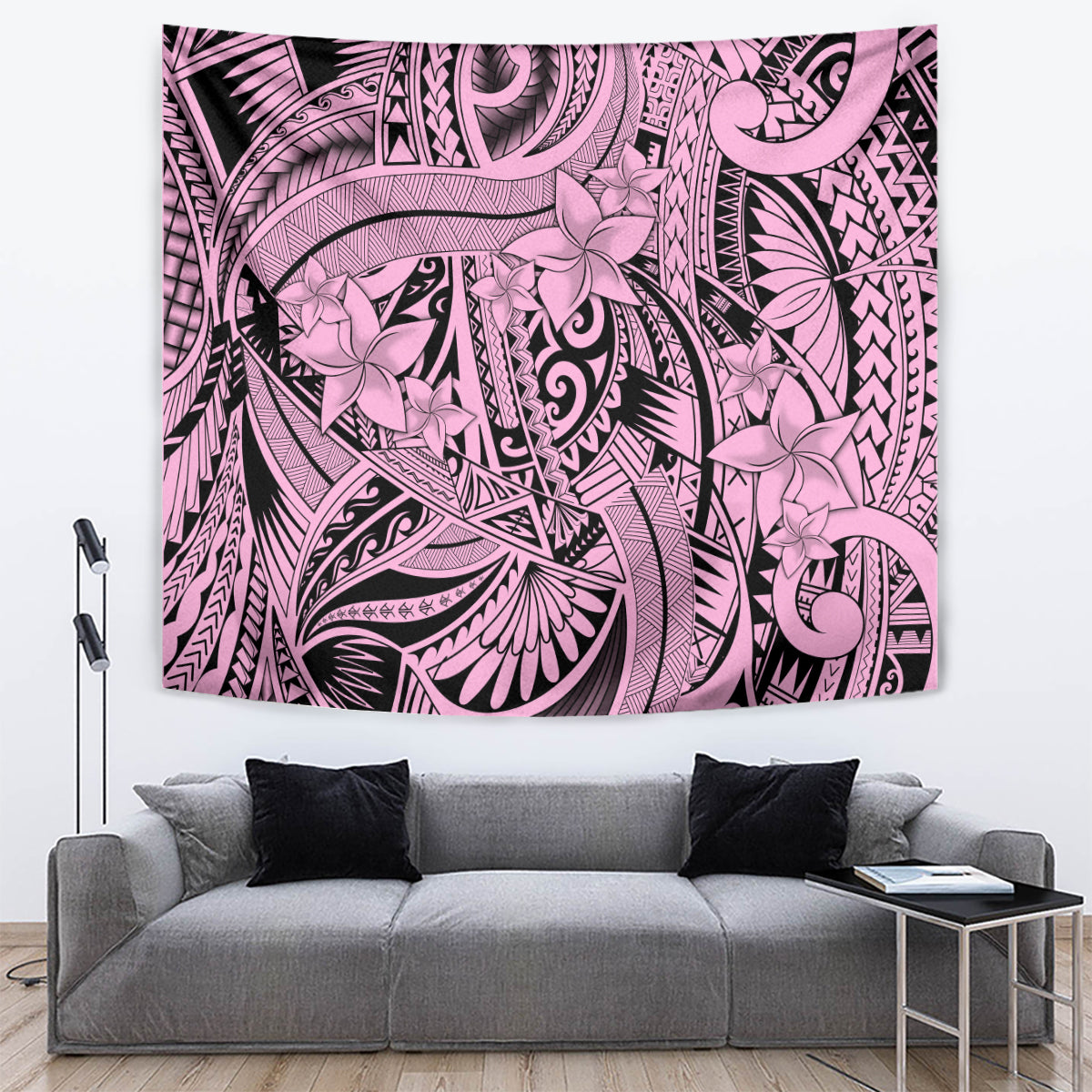 Polynesia Tapestry Tribal Polynesian Spirit With Pink Pacific Flowers LT9 - Polynesian Pride