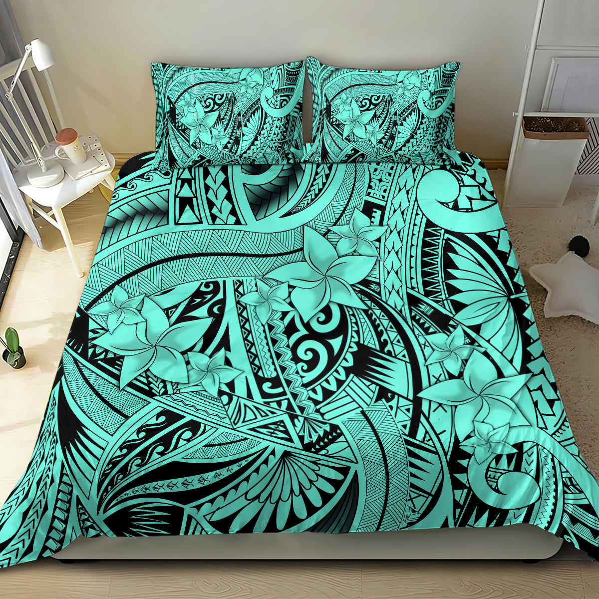 Polynesia Bedding Set Tribal Polynesian Spirit With Teal Pacific Flowers LT9 - Polynesian Pride
