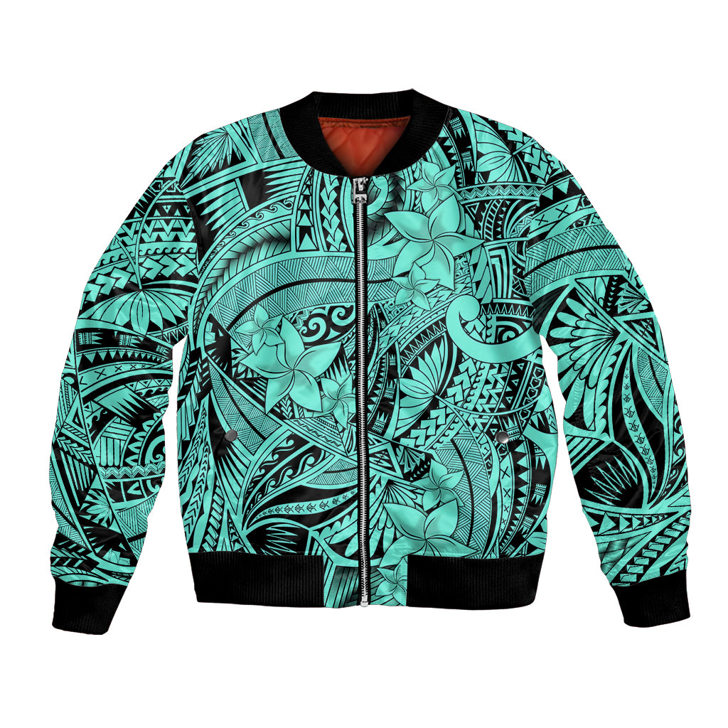 Polynesia Bomber Jacket Tribal Polynesian Spirit With Teal Pacific Flowers LT9 Unisex Teal - Polynesian Pride