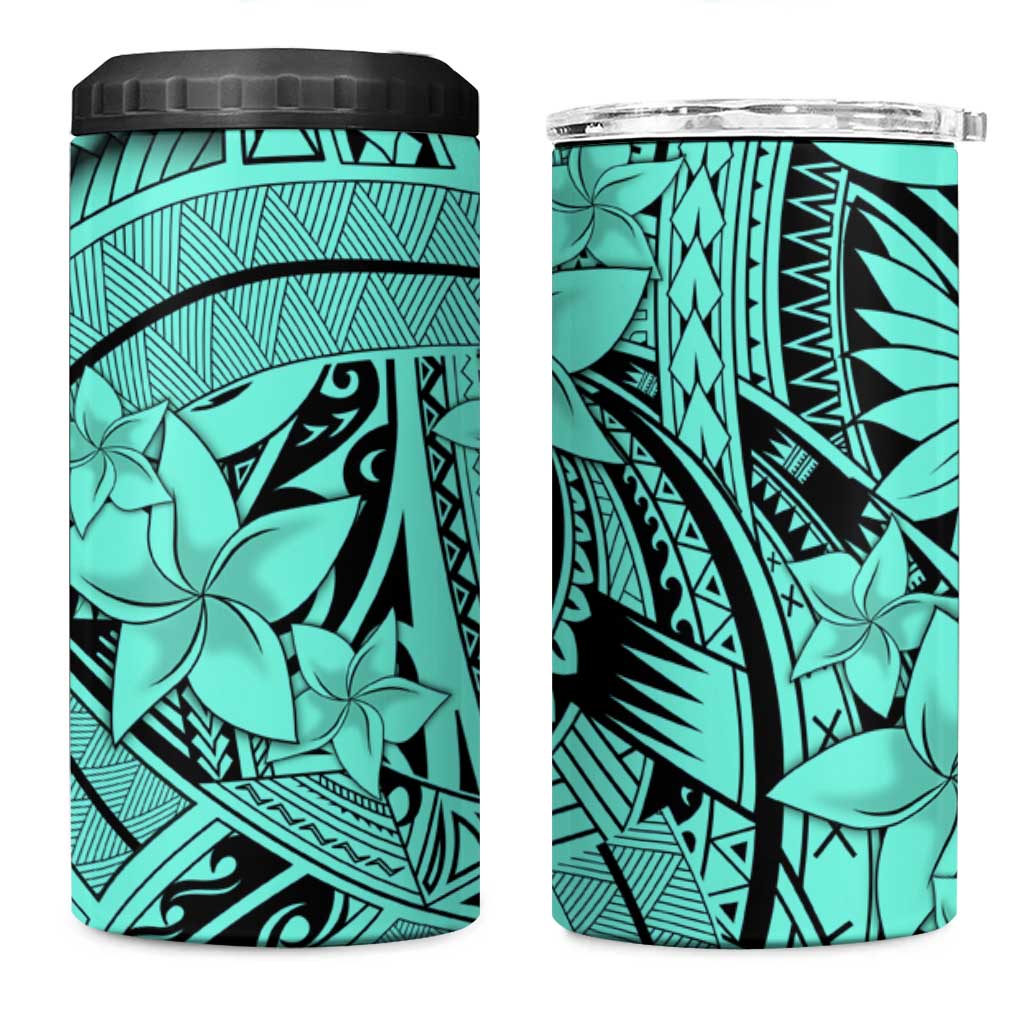 Teal Pacific Flowers Tribal Polynesian Spirit 4 in 1 Can Cooler Tumbler