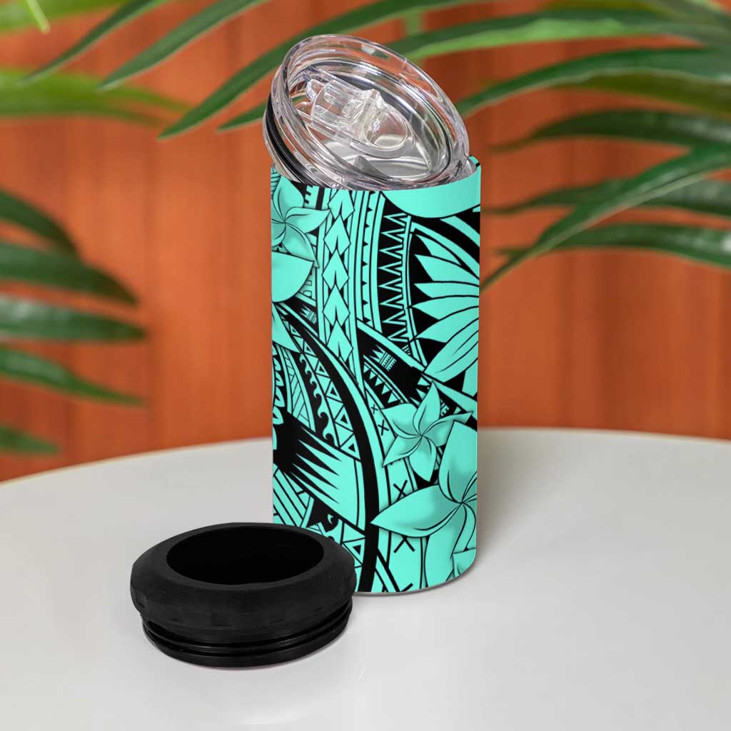 Teal Pacific Flowers Tribal Polynesian Spirit 4 in 1 Can Cooler Tumbler