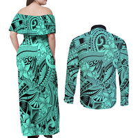 Polynesia Couples Matching Off Shoulder Maxi Dress and Long Sleeve Button Shirt Tribal Polynesian Spirit With Teal Pacific Flowers LT9 - Polynesian Pride