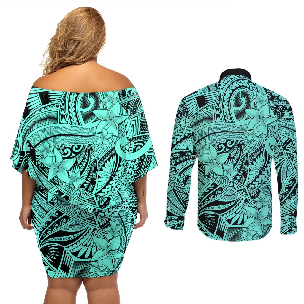 Polynesia Couples Matching Off Shoulder Short Dress and Long Sleeve Button Shirt Tribal Polynesian Spirit With Teal Pacific Flowers LT9 - Polynesian Pride