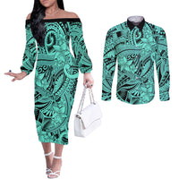 Polynesia Couples Matching Off The Shoulder Long Sleeve Dress and Long Sleeve Button Shirt Tribal Polynesian Spirit With Teal Pacific Flowers LT9 Teal - Polynesian Pride