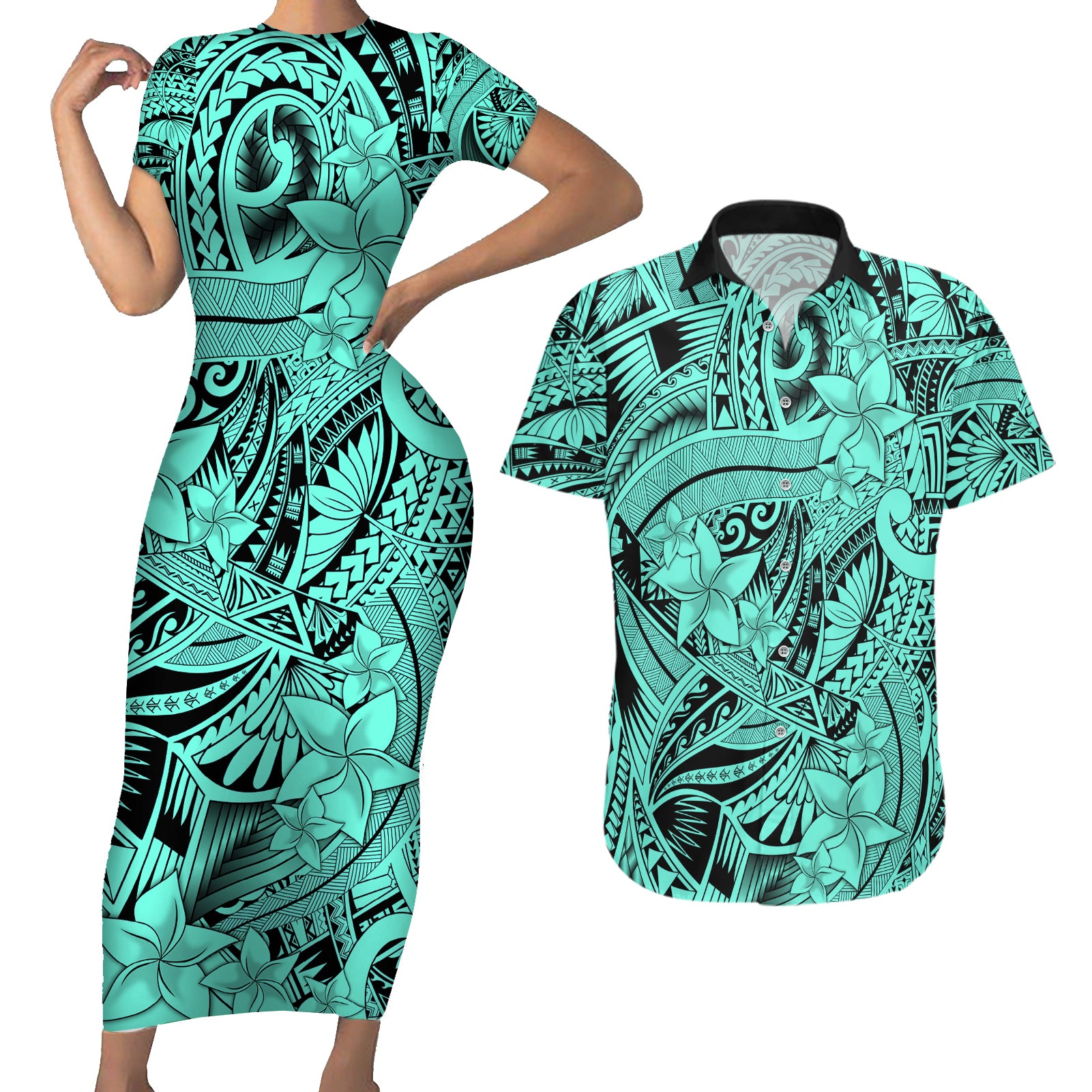 Polynesia Couples Matching Short Sleeve Bodycon Dress and Hawaiian Shirt Tribal Polynesian Spirit With Teal Pacific Flowers LT9 Teal - Polynesian Pride