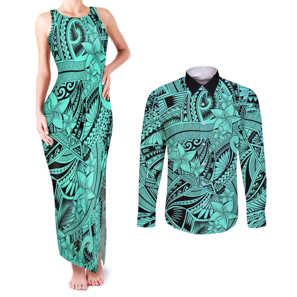 Polynesia Couples Matching Tank Maxi Dress and Long Sleeve Button Shirt Tribal Polynesian Spirit With Teal Pacific Flowers LT9 Teal - Polynesian Pride